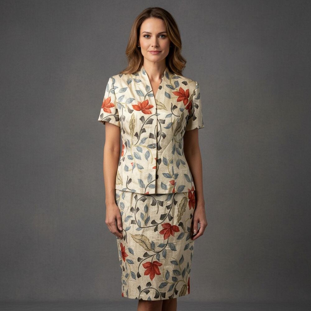 Vintage Papell Petites Size 10P Silk Floral Blouse Skirt Set Womens Lined 2 Pc